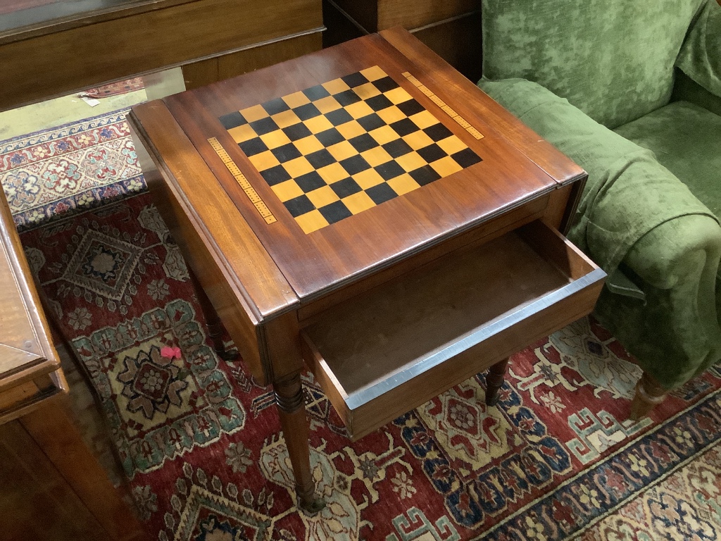 A Regency and later inlaid mahogany drop flap games table with backgammon interior, width 55cm, depth 50cm, height 72cm